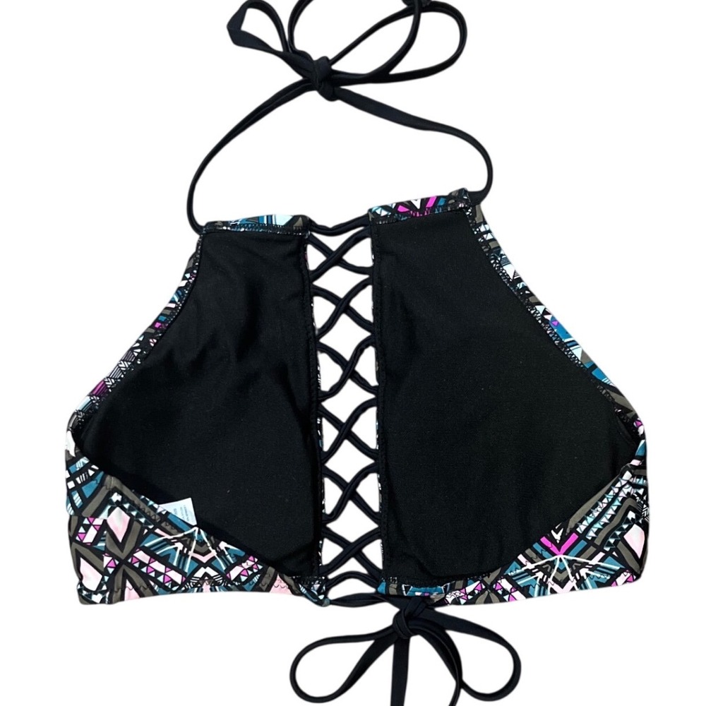 Rue‎ Bleu Rue21 Geometric Tribal Lace Up High Neck Halter Bikini Top Size M Boho - Picture 2 of 6